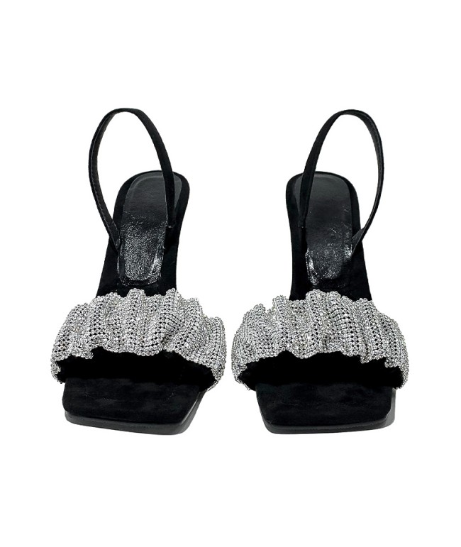 Open-Toe Square Toe Rhinestone Heels