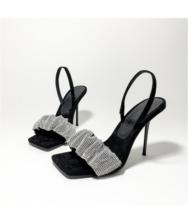 Open-Toe Square Toe Rhinestone Heels