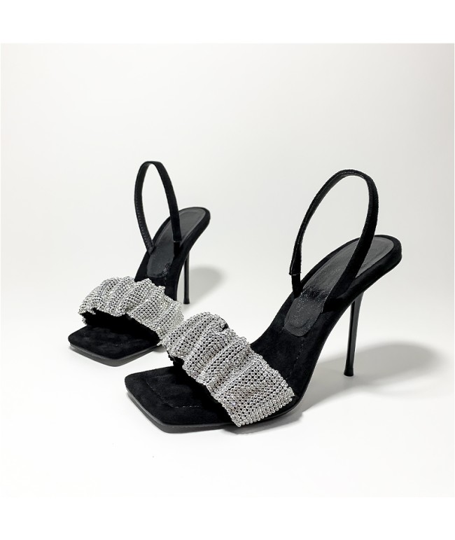 Open-Toe Square Toe Rhinestone Heels