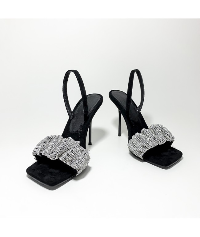 Open-Toe Square Toe Rhinestone Heels