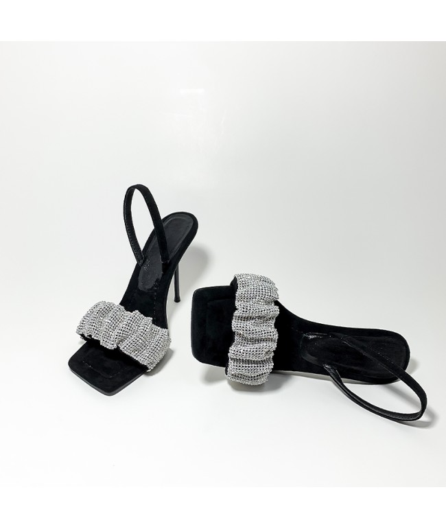 Open-Toe Square Toe Rhinestone Heels