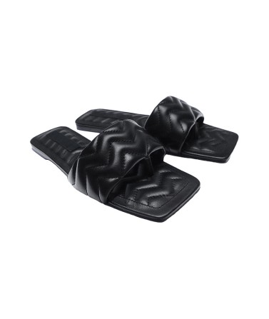 Black Leather Flat Slippers