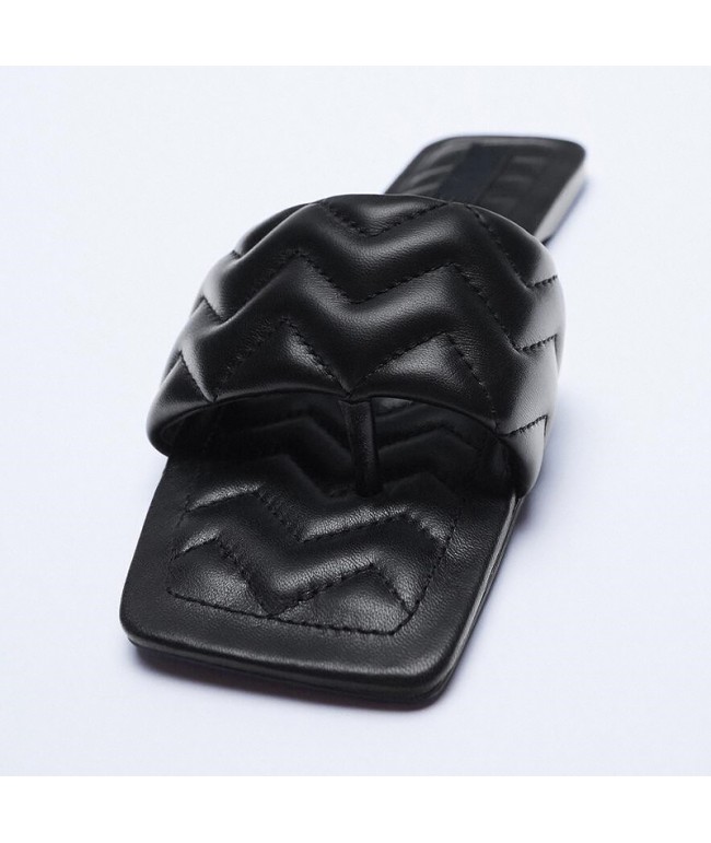 Black Leather Flat Slippers