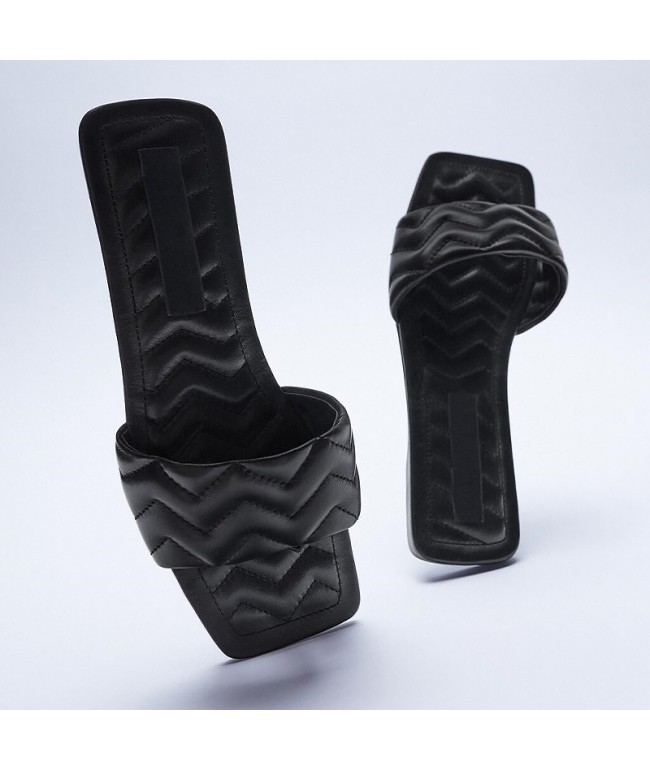 Black Leather Flat Slippers